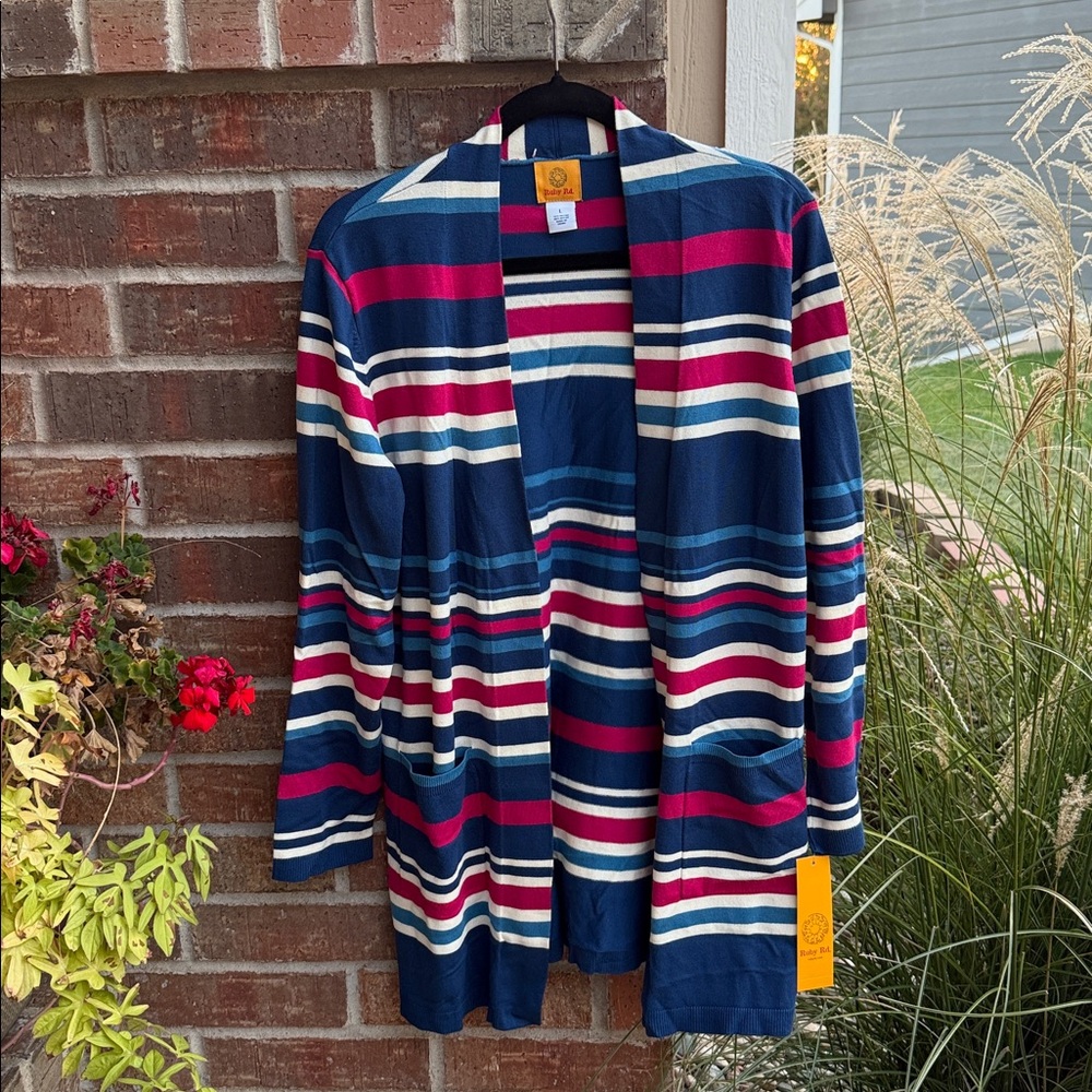 Ruby Rd. Ladies L Vibrant Striped Open Cardigan in Blue and Pink NWT